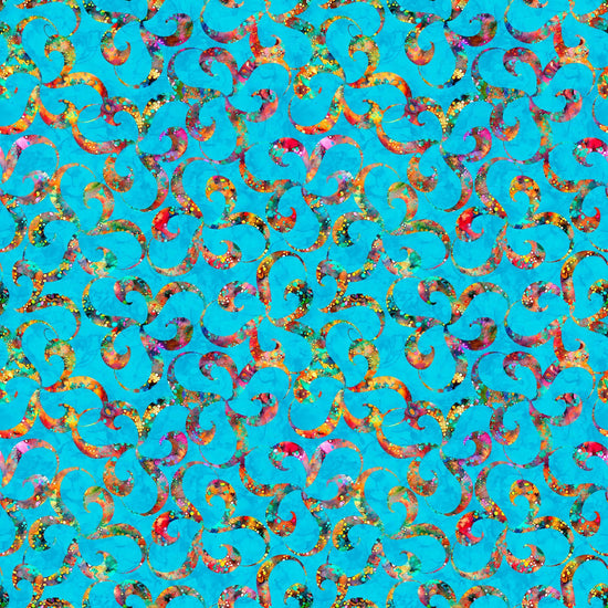 Image of Bedazzled Twists Turquoise quilting cotton fabric by Morris Creative Group for QT Fabrics. Features swirls on a blue background. Cute Little Fabric Shop