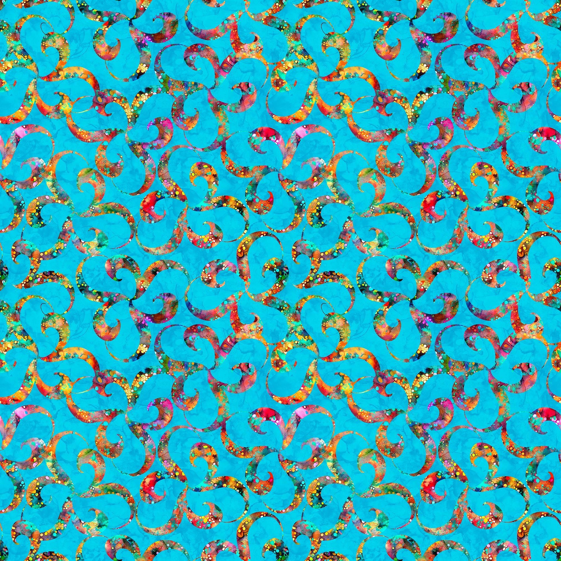 Image of Bedazzled Twists Turquoise quilting cotton fabric by Morris Creative Group for QT Fabrics. Features swirls on a blue background. Cute Little Fabric Shop