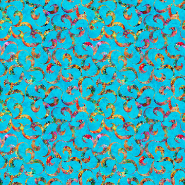 Image of Bedazzled Twists Turquoise quilting cotton fabric by Morris Creative Group for QT Fabrics. Features swirls on a blue background. Cute Little Fabric Shop