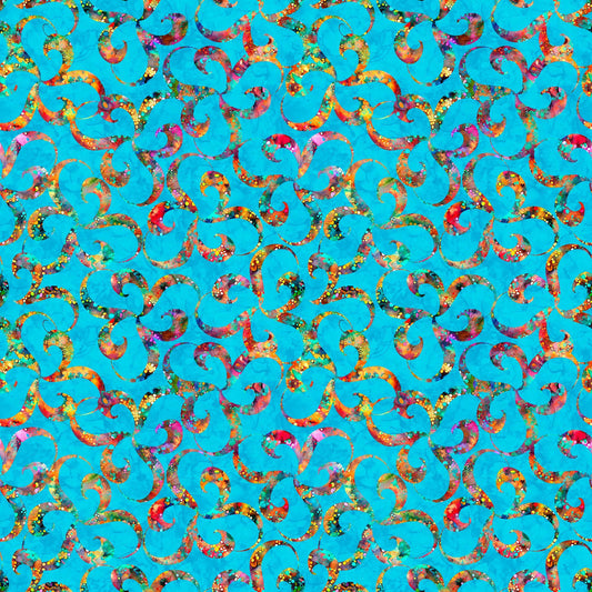 Image of Bedazzled Twists Turquoise quilting cotton fabric by Morris Creative Group for QT Fabrics. Features swirls on a blue background. Cute Little Fabric Shop