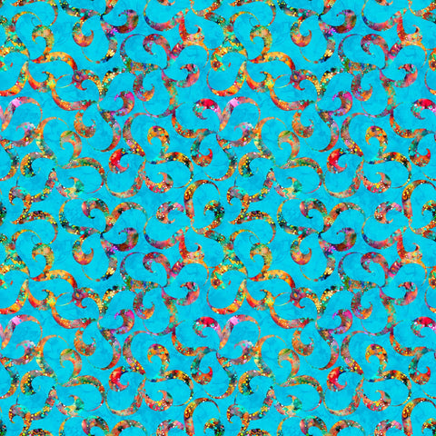 Image of Bedazzled Twists Turquoise quilting cotton fabric by Morris Creative Group for QT Fabrics. Features swirls on a blue background. Cute Little Fabric Shop