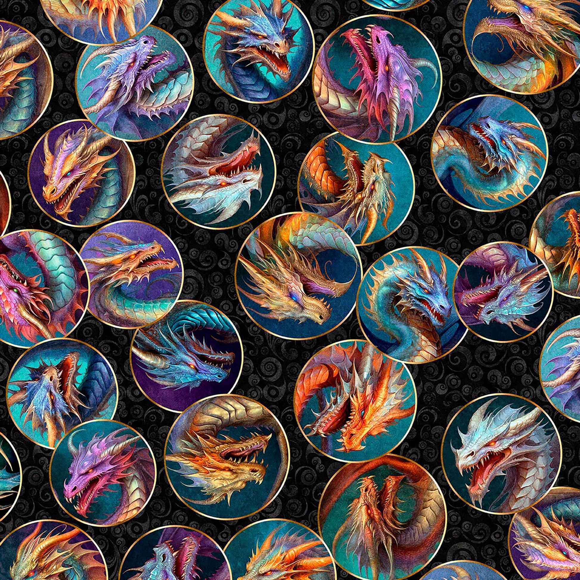 Image of Dragon's Song Dragon Heads Charcoal quilting cotton fabric by Morris Creative Group for QT Fabrics. Features dragons on a black background. Cute Little Fabric Shop