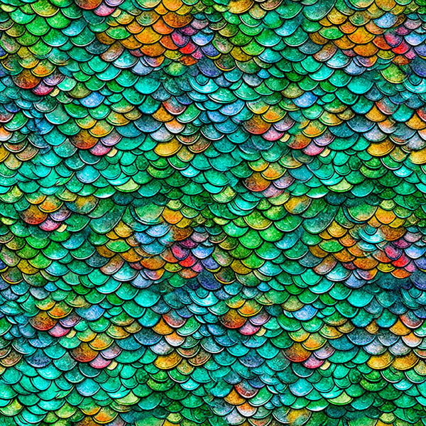 Image of Dragon&#39;s Song Dragon Scales Green quilting cotton fabric by Morris Creative Group for QT Fabrics. Features scales on a green background. Cute Little Fabric Shop