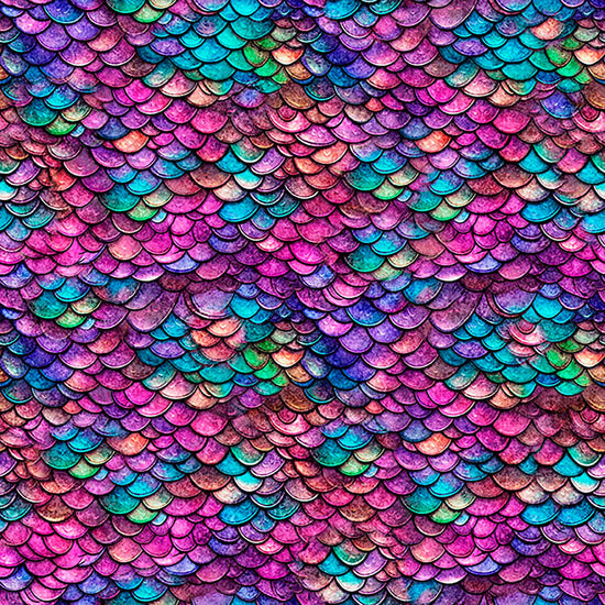 Image of Dragon's Song Dragon Scales Pink Turquoise quilting cotton fabric by Morris Creative Group for QT Fabrics. Features scales on a purple background. Cute Little Fabric Shop