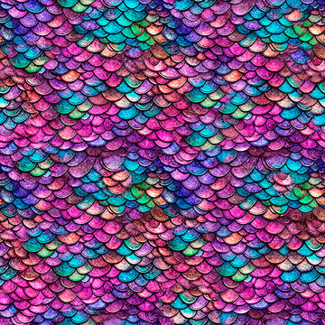 Image of Dragon's Song Dragon Scales Pink Turquoise quilting cotton fabric by Morris Creative Group for QT Fabrics. Features scales on a purple background. Cute Little Fabric Shop