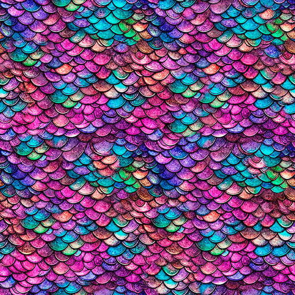 Image of Dragon&#39;s Song Dragon Scales Pink Turquoise quilting cotton fabric by Morris Creative Group for QT Fabrics. Features scales on a purple background. Cute Little Fabric Shop