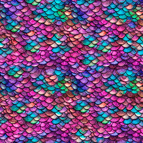 Image of Dragon&#39;s Song Dragon Scales Pink Turquoise quilting cotton fabric by Morris Creative Group for QT Fabrics. Features scales on a purple background. Cute Little Fabric Shop