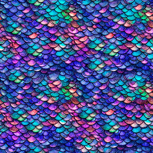 Image of Dragon's Song Dragon Scales Royal quilting cotton fabric by Morris Creative Group for QT Fabrics. Features scales on a blue background. Cute Little Fabric Shop