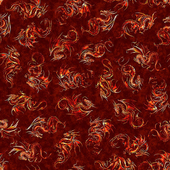 Image of Dragon's Song Linocut Brick quilting cotton fabric by Morris Creative Group for QT Fabrics. Features dragons on a red background. Cute Little Fabric Shop