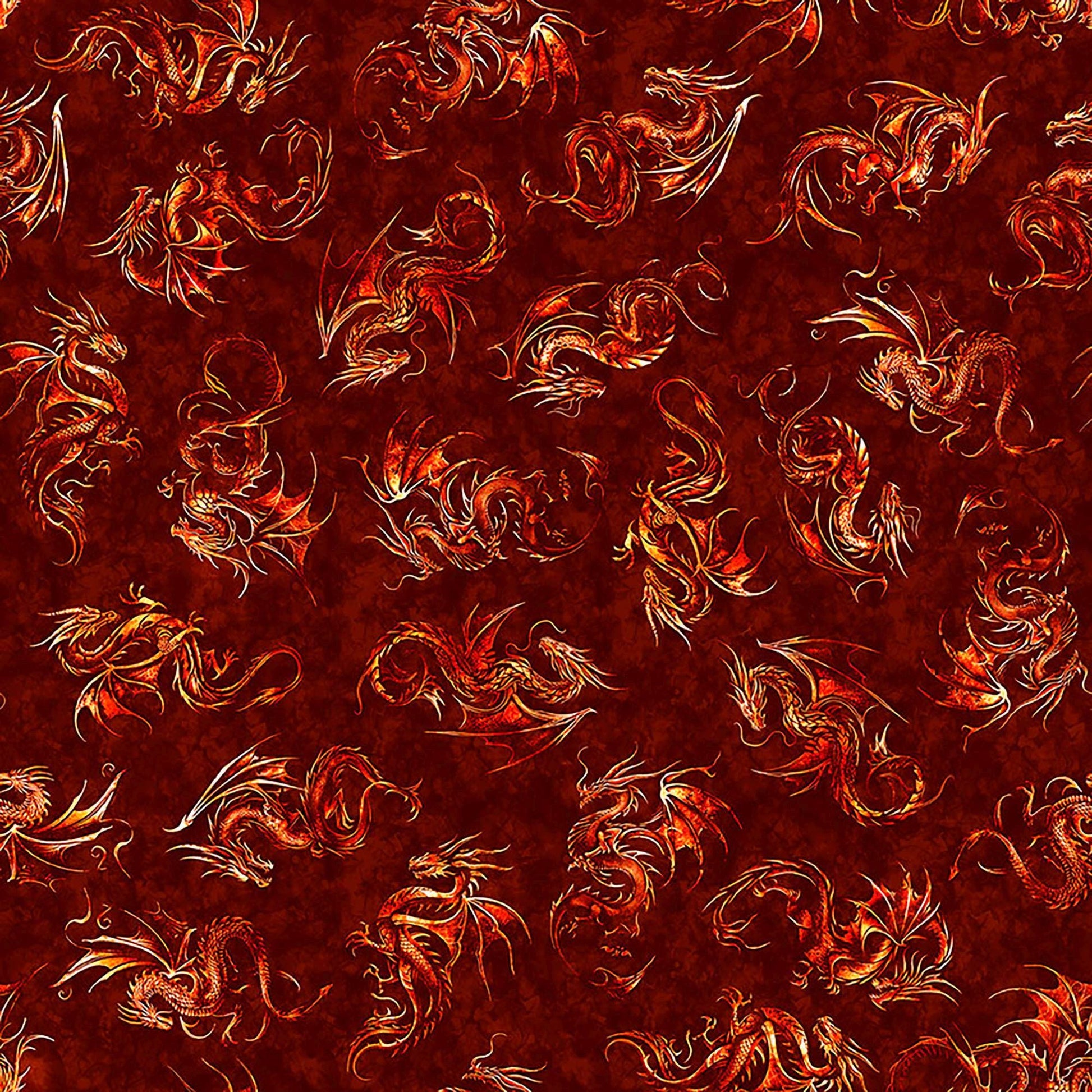 Image of Dragon's Song Linocut Brick quilting cotton fabric by Morris Creative Group for QT Fabrics. Features dragons on a red background. Cute Little Fabric Shop