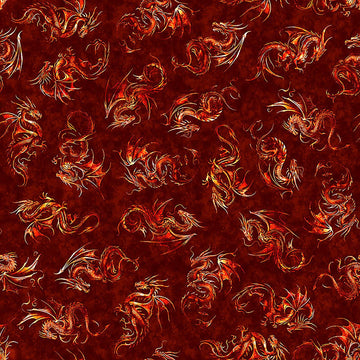 Image of Dragon's Song Linocut Brick quilting cotton fabric by Morris Creative Group for QT Fabrics. Features dragons on a red background. Cute Little Fabric Shop
