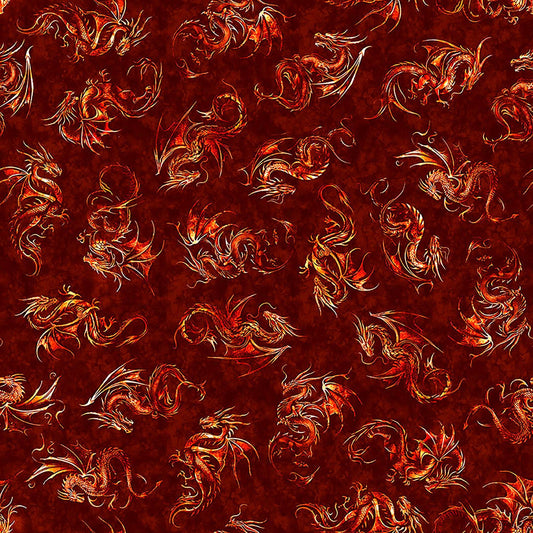 Image of Dragon's Song Linocut Brick quilting cotton fabric by Morris Creative Group for QT Fabrics. Features dragons on a red background. Cute Little Fabric Shop