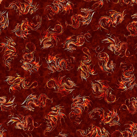 Image of Dragon&#39;s Song Linocut Brick quilting cotton fabric by Morris Creative Group for QT Fabrics. Features dragons on a red background. Cute Little Fabric Shop
