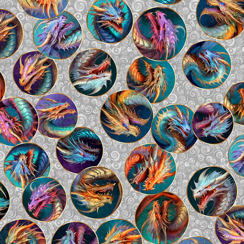 Image of Dragon&#39;s Song Dragon Heads Gray quilting cotton fabric by Morris Creative Group for QT Fabrics. Features dragons on a gray background. Cute Little Fabric Shop