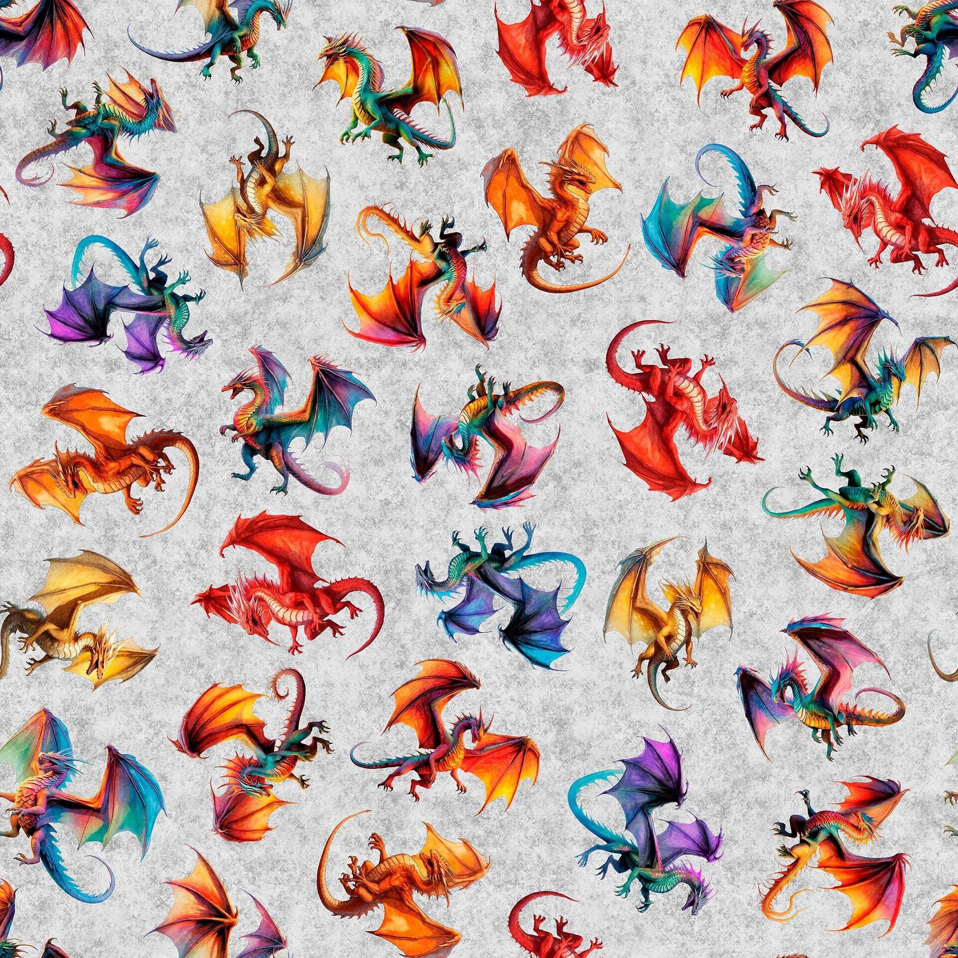 Image of Dragon's Song Tossed Dragons Gray quilting cotton fabric by Morris Creative Group for QT Fabrics. Features dragons on a gray background. Cute Little Fabric Shop