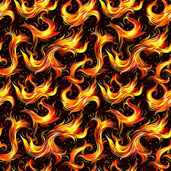 Image of Dragon's Song Flames Black quilting cotton fabric by Morris Creative Group for QT Fabrics. Features fire on a black background. Cute Little Fabric Shop