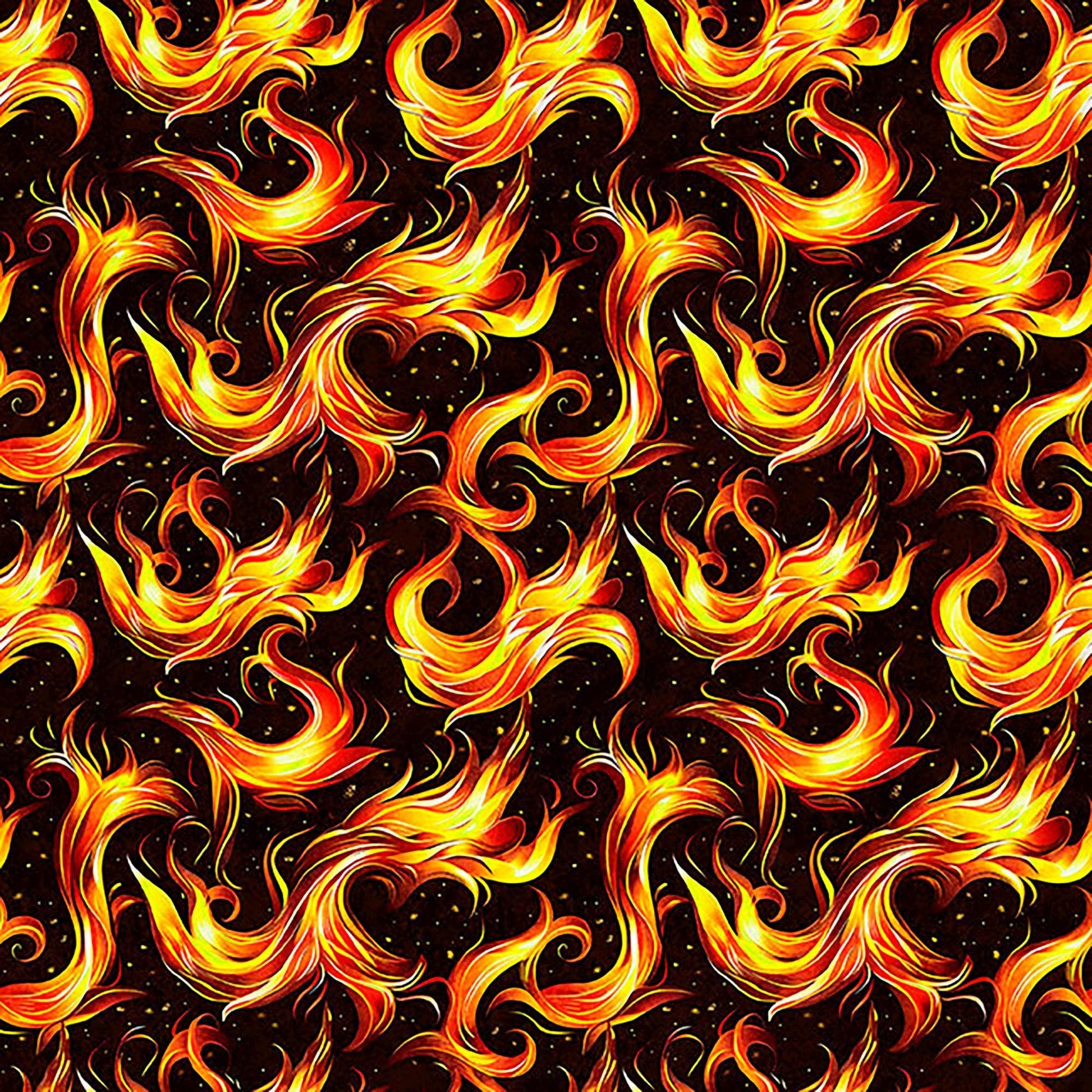 Image of Dragon's Song Flames Black quilting cotton fabric by Morris Creative Group for QT Fabrics. Features fire on a black background. Cute Little Fabric Shop