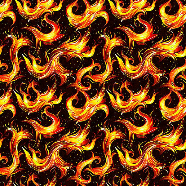 Image of Dragon&#39;s Song Flames Black quilting cotton fabric by Morris Creative Group for QT Fabrics. Features fire on a black background. Cute Little Fabric Shop
