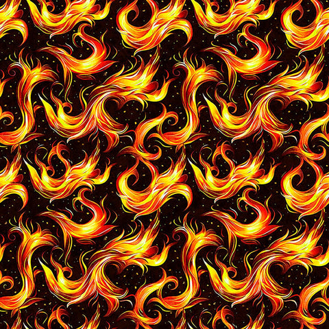 Image of Dragon&#39;s Song Flames Black quilting cotton fabric by Morris Creative Group for QT Fabrics. Features fire on a black background. Cute Little Fabric Shop