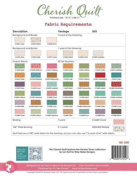 SALE It's Sew Emma Cherish Quilt PATTERN P051-ISE-300 by Lori Holt - Riley Blake Designs - Instructions Only - Fat Quarter Friendly
