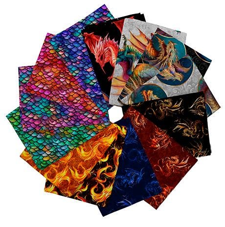 Dragon's Song Fat Quarter Bundle 13 pieces - QT Fabrics Pre cut Precut - Fantasy Medieval - Quilting Cotton Fabric