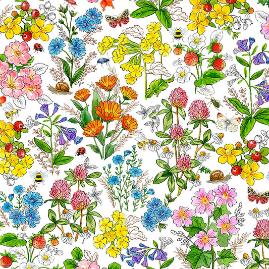 Image of Healing Garden Botanical Floral White quilting cotton fabric by Jane Maday for QT Fabrics. Features flowers on a white background. Cute Little Fabric Shop