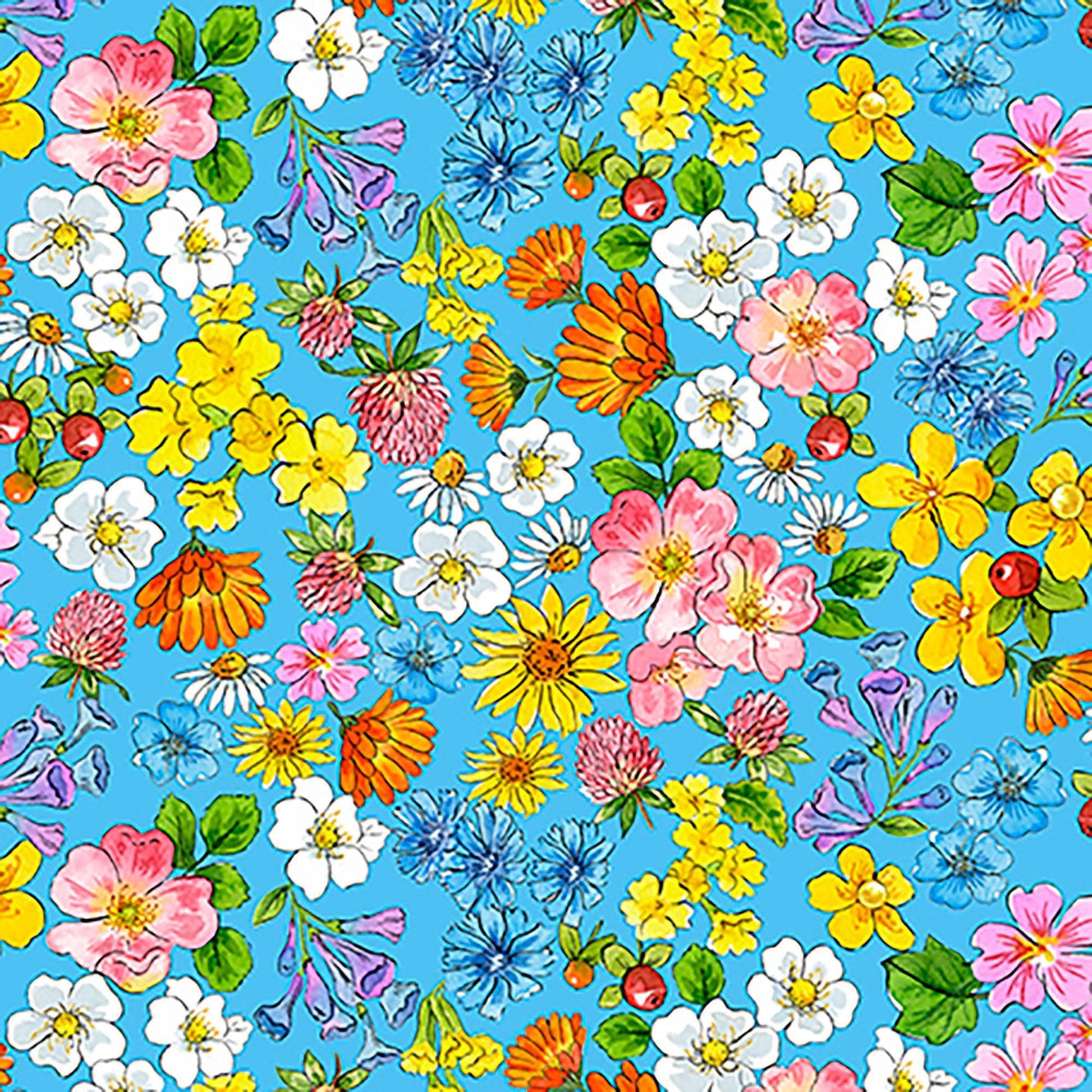 Image of Healing Garden Flower Heads Blue quilting cotton fabric by Jane Maday for QT Fabrics. Features flowers on a blue background. Cute Little Fabric Shop
