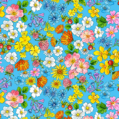 Image of Healing Garden Flower Heads Blue quilting cotton fabric by Jane Maday for QT Fabrics. Features flowers on a blue background. Cute Little Fabric Shop