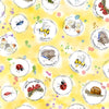 Image of Healing Garden Insect Bubbles Yellow quilting cotton fabric by Jane Maday for QT Fabrics. Features insects on a yellow background. Cute Little Fabric Shop