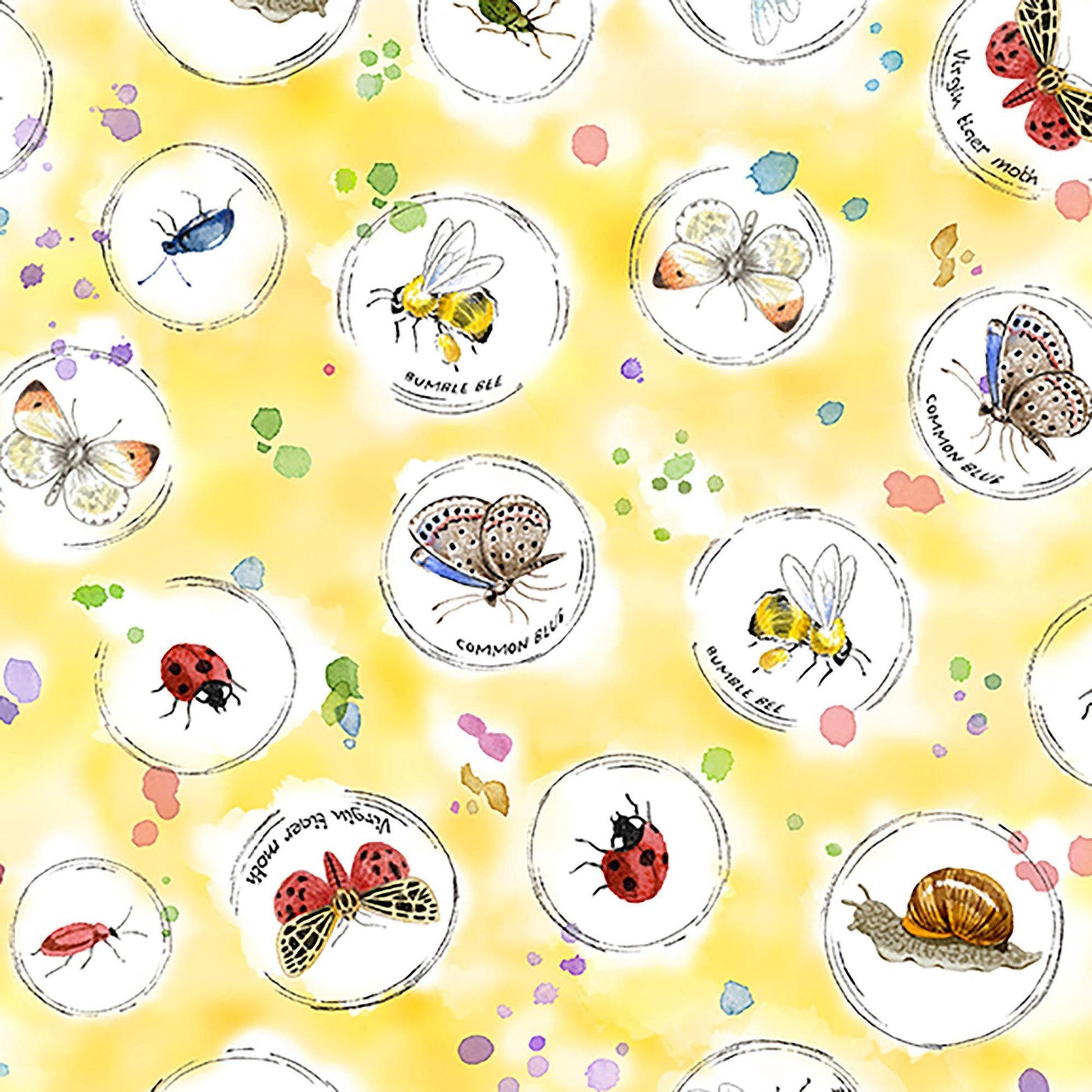 Image of Healing Garden Insect Bubbles Yellow quilting cotton fabric by Jane Maday for QT Fabrics. Features insects on a yellow background. Cute Little Fabric Shop