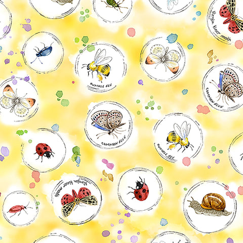 Image of Healing Garden Insect Bubbles Yellow quilting cotton fabric by Jane Maday for QT Fabrics. Features insects on a yellow background. Cute Little Fabric Shop