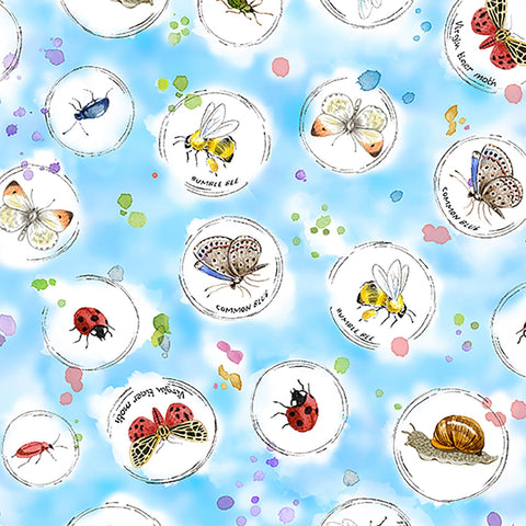 Image of Healing Garden Insect Bubbles Light Blue quilting cotton fabric by Jane Maday for QT Fabrics. Features insects on a blue background. Cute Little Fabric Shop