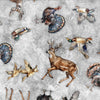 Image of the Forest, Field, and Stream Wildlife Toss Gray quilting cotton fabric. Features animals on a gray background. Cute Little Fabric Shop