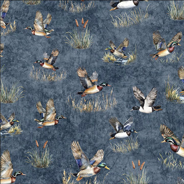 Image of the Forest, Field, and Stream Ducks Steel Blue quilting cotton fabric. Features ducks on a blue background. Cute Little Fabric Shop