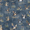 Image of the Forest, Field, and Stream Ducks Steel Blue quilting cotton fabric. Features ducks on a blue background. Cute Little Fabric Shop