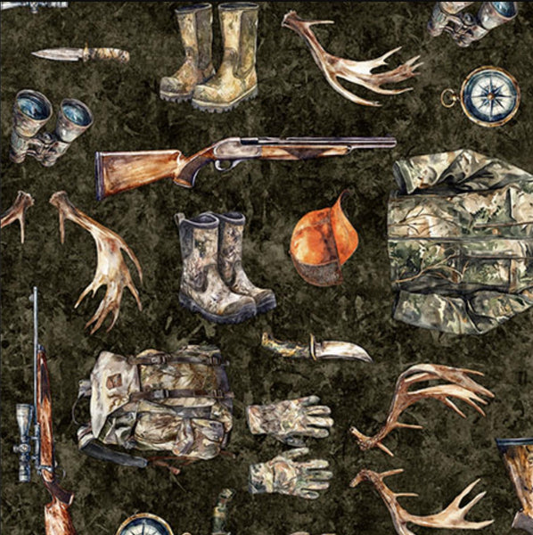 Image of the Forest, Field, and Stream Hunting Equipment Dark Brown quilting cotton fabric. Features tools on a dark brown background. Cute Little Fabric Shop