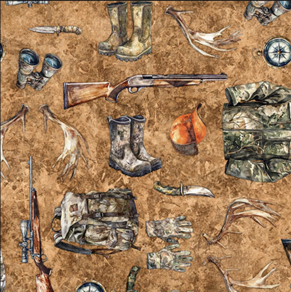 Image of the Forest, Field, and Stream Hunting Equipment Terracotta quilting cotton fabric. Features tools on a brown background. Cute Little Fabric Shop