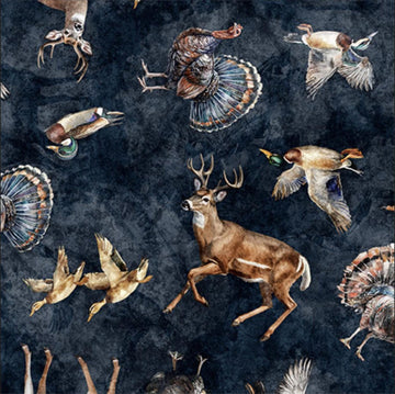 Image of the Forest, Field, and Stream Wildlife Toss Navy quilting cotton fabric. Features animals on a blue background. Cute Little Fabric Shop
