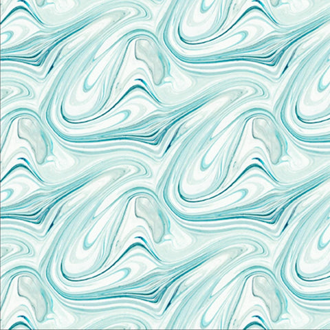 Image of the Virtuoso Marble Turquoise quilting cotton fabric by Ocllo Mason for QT Fabrics. Features swirled blue, green, and white paint. Cute Little Fabric Shop