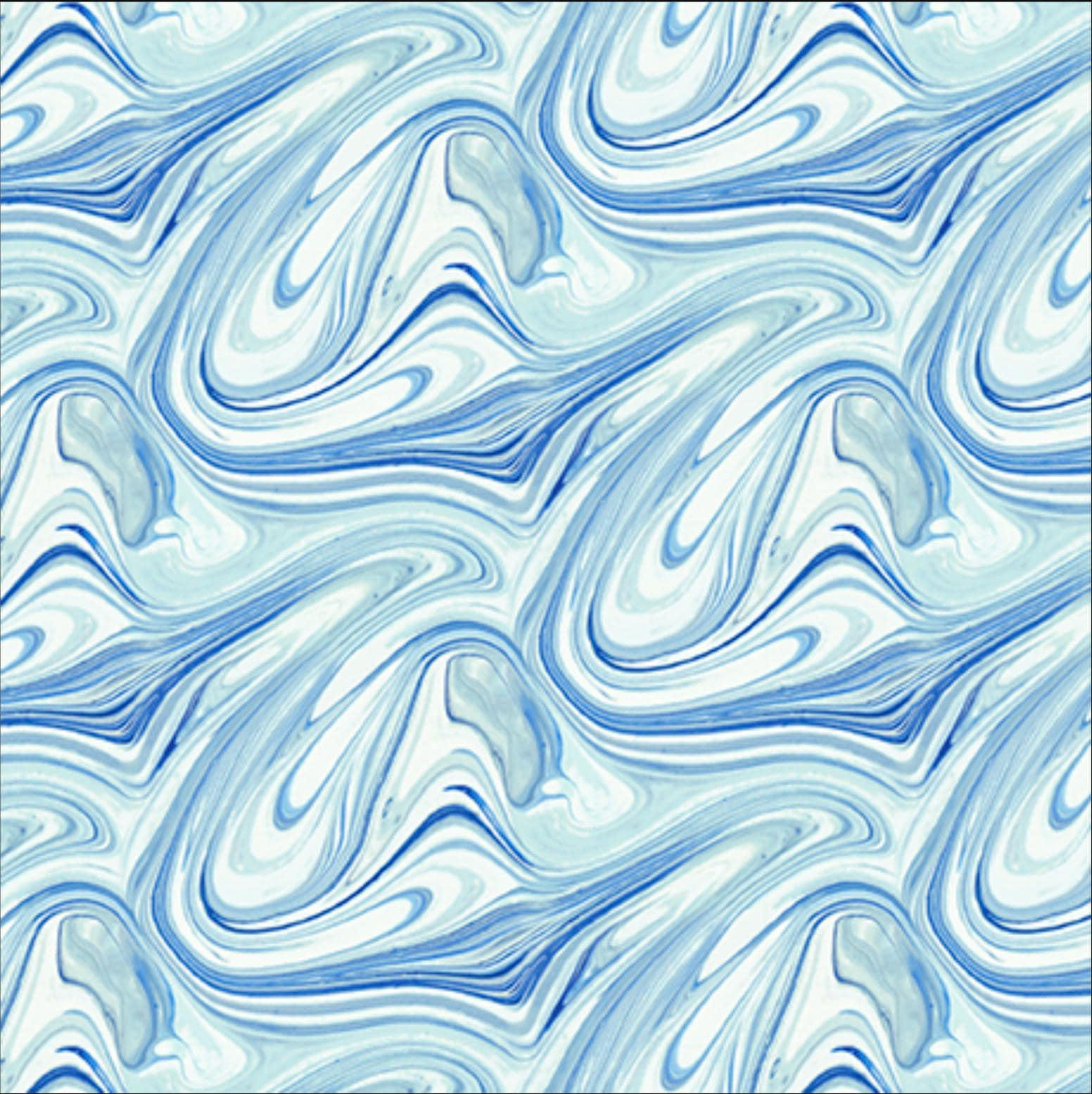 Image of the Virtuoso Marble Blue quilting cotton fabric by Ocllo Mason for QT Fabrics. Features swirled blue and white paint. Cute Little Fabric Shop