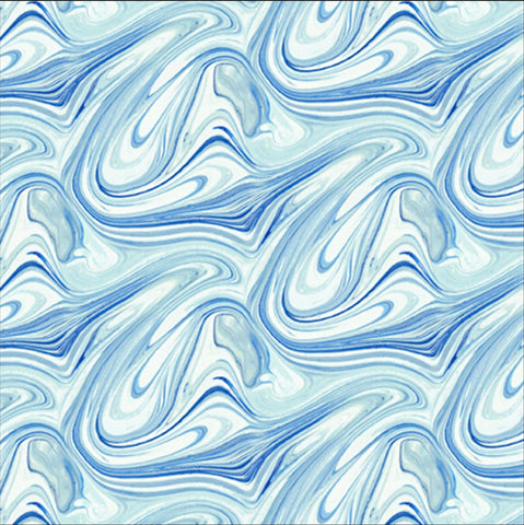 Image of the Virtuoso Marble Blue quilting cotton fabric by Ocllo Mason for QT Fabrics. Features swirled blue and white paint. Cute Little Fabric Shop