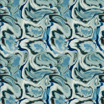 Image of the Virtuoso Swirl Fern Turquoise quilting cotton fabric by Ocllo Mason for QT Fabrics. Features swirled blue, green, and gray paint. Cute Little Fabric Shop
