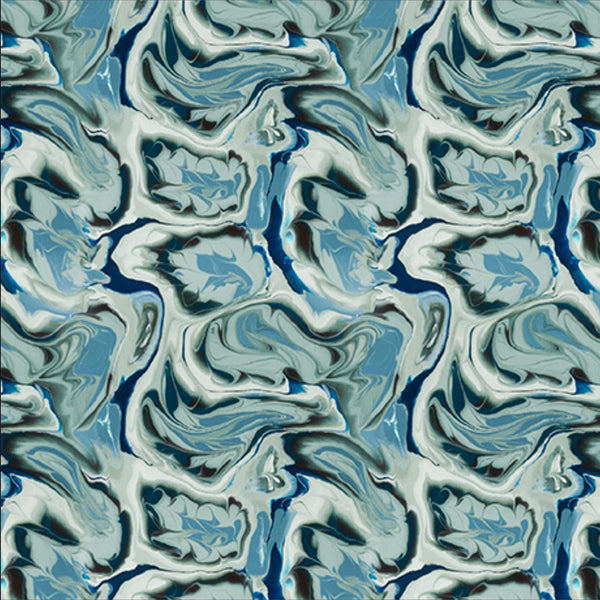 Image of the Virtuoso Swirl Fern Turquoise quilting cotton fabric by Ocllo Mason for QT Fabrics. Features swirled blue, green, and gray paint. Cute Little Fabric Shop