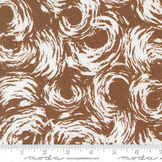 Image of the For My Boys Oliver Donuts Coco quilting cotton fabric by Sewn By Amy Schelle for Moda Fabrics. Features tracks on a brown background. Cute Little Fabric Shop