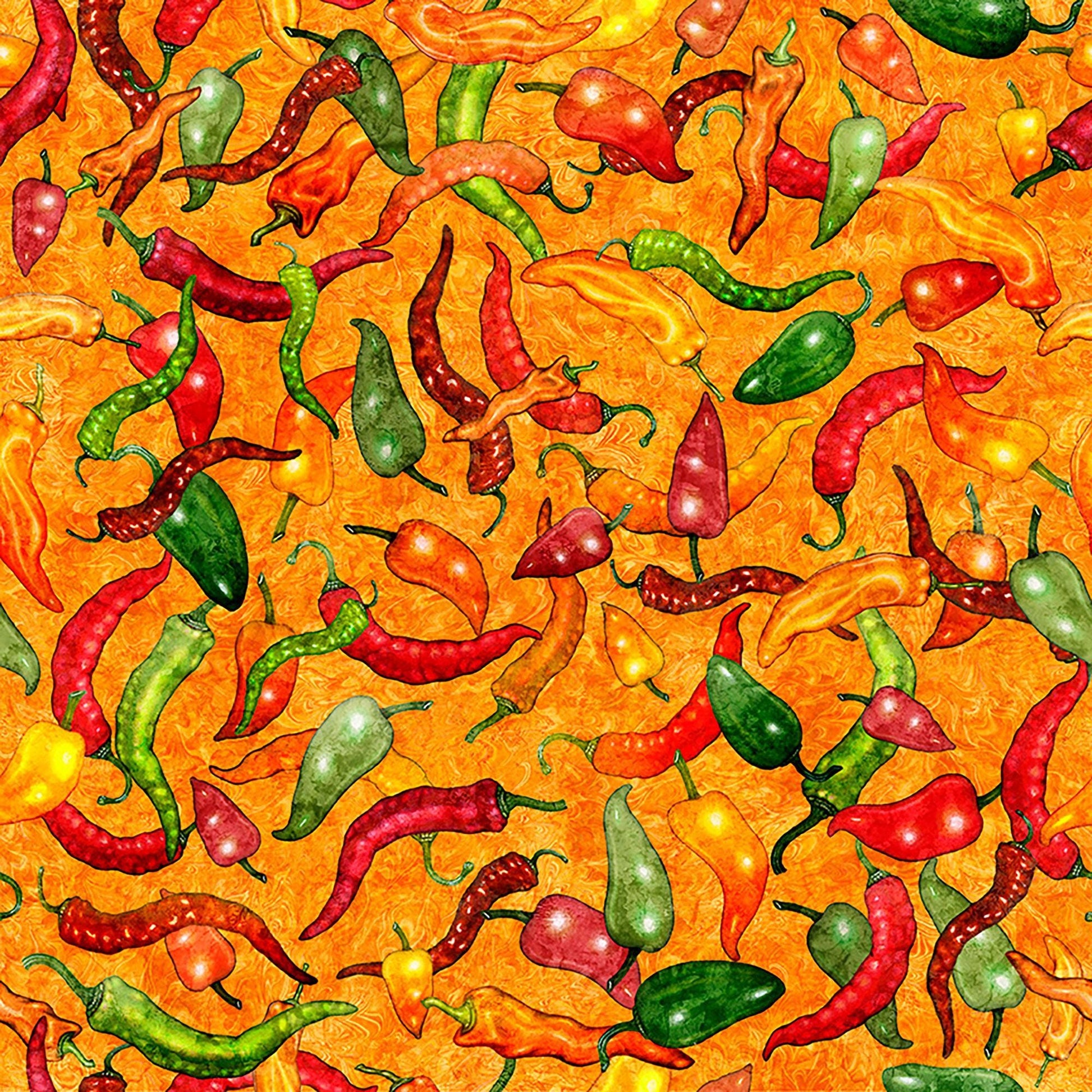 Image of Grab Bag Season 3 Chili Peppers Orange quilting cotton fabric by Morris Creative Group for QT Fabrics. Features peppers on an orange background. Cute Little Fabric Shop