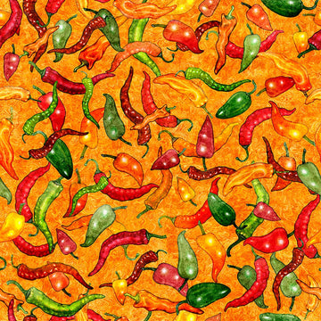 Image of Grab Bag Season 3 Chili Peppers Orange quilting cotton fabric by Morris Creative Group for QT Fabrics. Features peppers on an orange background. Cute Little Fabric Shop