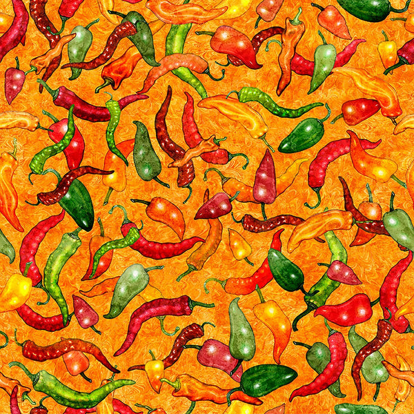 Image of Grab Bag Season 3 Chili Peppers Orange quilting cotton fabric by Morris Creative Group for QT Fabrics. Features peppers on an orange background. Cute Little Fabric Shop