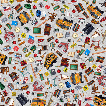 Image of Grab Bag Season 3 Everything School Gray quilting cotton fabric by Morris Creative Group for QT Fabrics. Features school supplies on a gray background. Cute Little Fabric Shop