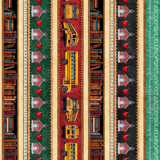 Image of Grab Bag Season 3 School Stripe Multi quilting cotton fabric by Morris Creative Group for QT Fabrics. Features schools on a black background. Cute Little Fabric Shop