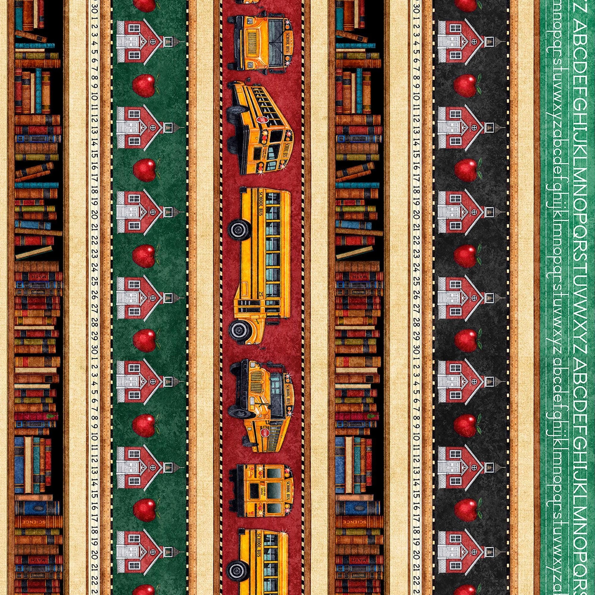 Image of Grab Bag Season 3 School Stripe Multi quilting cotton fabric by Morris Creative Group for QT Fabrics. Features schools on a black background. Cute Little Fabric Shop